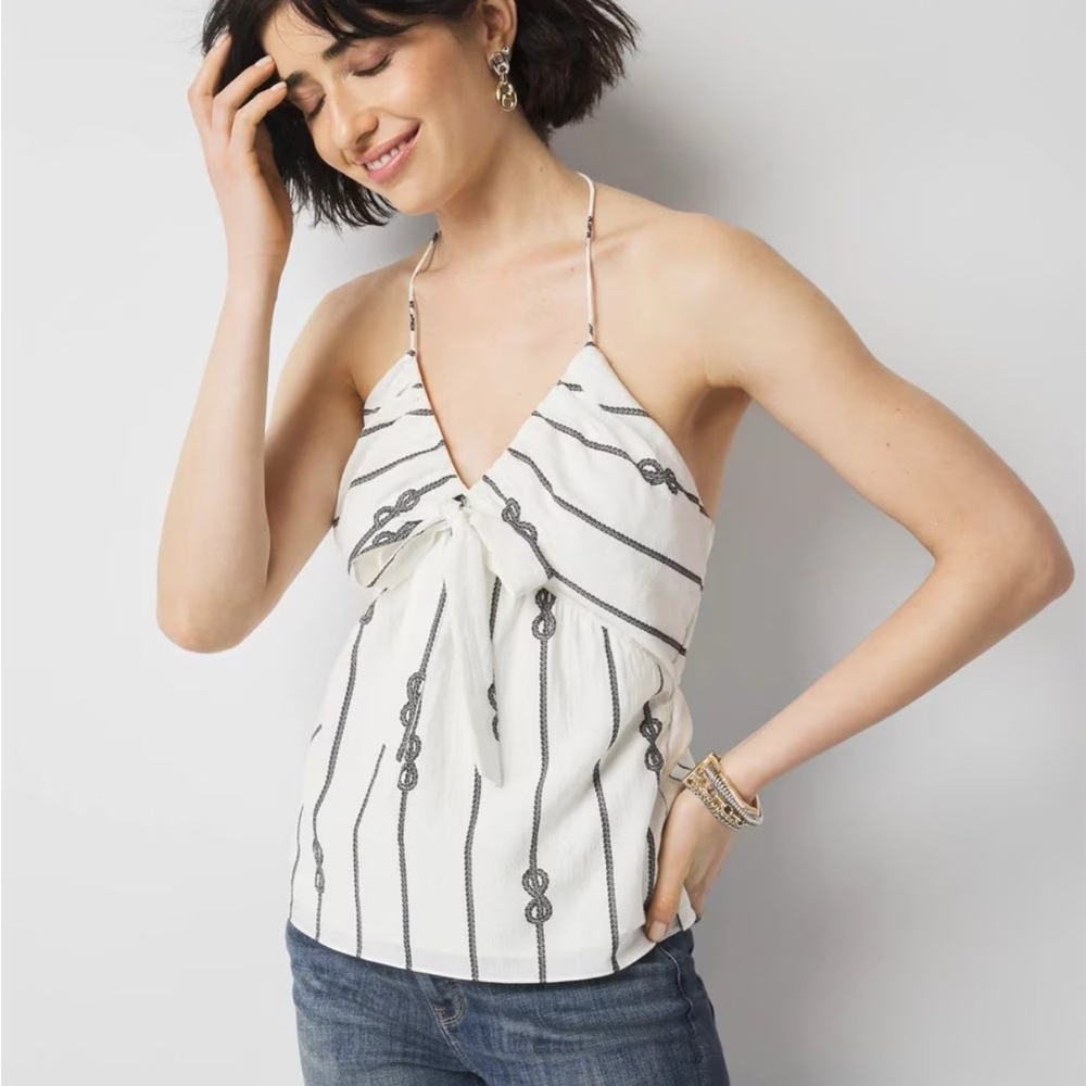 Chic White and Gray Striped Halter Top